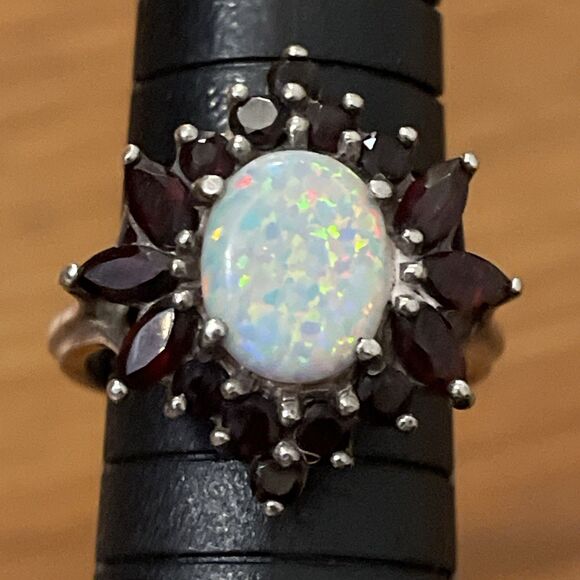 Vintage Sterling Silver Opal And Garnet Cluster Ring Womens Size 8 - Picture 3 of 10